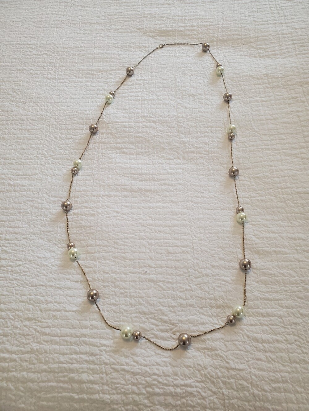 Extra Long Delicate Pearl Bead Necklace - Grey and Cream Tones